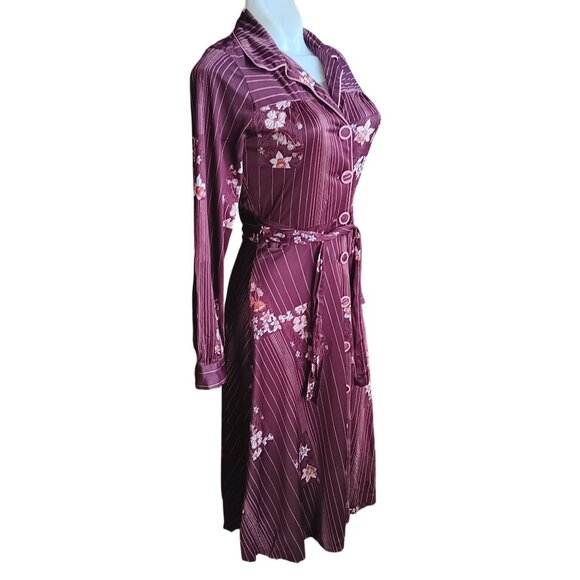 sz 8 True Vintage Boho Burgundy Midi Dress Belt Pinstripe Pattern Acetate 1970's - Picture 3 of 10